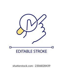 Loupe and hand RGB color icon. Research and optimization. Thumb rule for mobile website development. Isolated vector illustration. Simple filled line drawing. Editable stroke. Arial font used