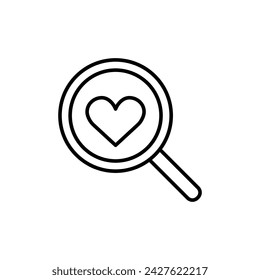 Loupe with heart icon vector illustration. Search love on isolated background. Magnifying glass with heart concept.