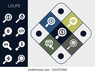 loupe icon set. 13 filled loupe icons.  Simple modern icons about  - Search, Magnifying glass, Zoom out