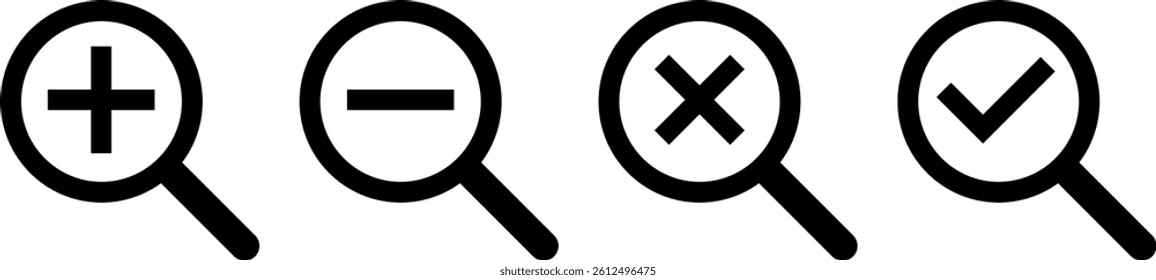 loupe icon set. loupe with check mark, cross mark. Search icon sign. Magnifying glass loupe symbol, magnifier signs collection