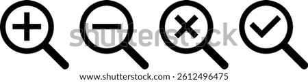 loupe icon set. loupe with check mark, cross mark. Search icon sign. Magnifying glass loupe symbol, magnifier signs collection