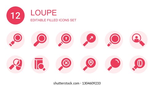 loupe icon set. Collection of 12 filled loupe icons included Search, Magnifying glass, Detective, Loupe