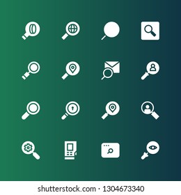loupe icon set. Collection of 16 filled loupe icons included Glass, Search, Densitometer, Loupe, Find, Magnifying glass, Searching