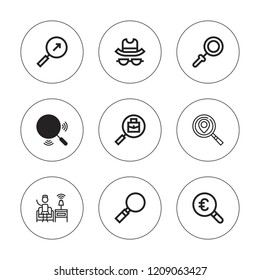 Loupe icon set. collection of 9 outline loupe icons with detective, magnifying glass icons. editable icons.