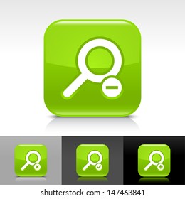 Loupe icon set. Green color glossy web button with white sign. Rounded square shape with shadow, reflection on white, gray, black background. Vector illustration design element 8 eps 