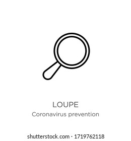 Icono de Loupe. Icono de contorno lineal delgado aislado en fondo blanco de la colección Coronavirus Prevention. Signo vectorial de línea moderna, símbolo, trazo para web y móvil