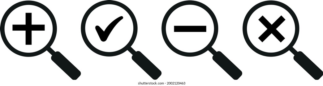 Loupe icons set.Search icons. Isolated magnifying glass icon vector design collection.Checkmark plus minus cross.Vector illustration 