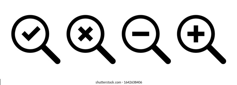 Loupe icons. Vector isolated symbols. Checkmark cross minus plus icons. Magnifying glass icon vector. Magnifying glass symbol. Check icon vector. Round button. EPS 10