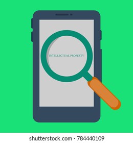 Loupe looks at the tablet. Business illustration with the inscription:intellectual property
