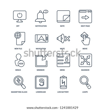 Loupe, Low battery, Lowercase, Magnifying glass, Maximize, Off, New File, Minus, Mute outline vector icons from 16 set