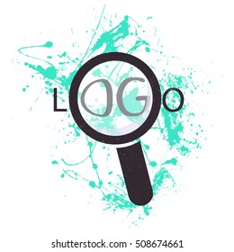 loupe, magnifying glass enlarges text -logo. splash watercolor background 