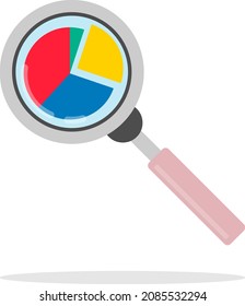 Loupe, magnifying glass, through the magnifying glass you can see a round, segment graph. Vecton illustration. Vector.