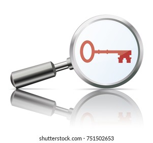 Loupe with red key on the white background. Eps 10 vector file.