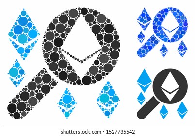 Loupe search Ethereum composition of round dots in various sizes and color tinges, based on loupe search Ethereum icon. Vector round dots are composed into blue composition.