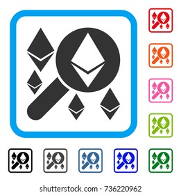 Loupe Search Ethereum icon. Flat gray pictogram symbol in a light blue rounded rectangular frame. Black, gray, green, blue, red, orange color additional versions of Loupe Search Ethereum vector.