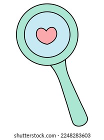 Loupe. Search for love. Glass tool. Color vector illustration. Isolated background. Cartoon style. Magnifying glass for monitoring the heart. Optical system. Idea for web design, invitations, postcard