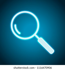 Loupe, search or magnifying. Linear icon, thin outline. Neon style. Light decoration icon. Bright electric symbol