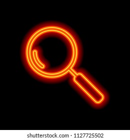 Loupe, search or magnifying. Linear icon, thin outline. Orange neon style on black background. Light icon