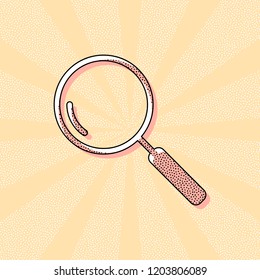 Loupe, search or magnifying. Linear icon, thin outline. Vintage retro typography with offset printing effect. Dots poster with comics pop art background