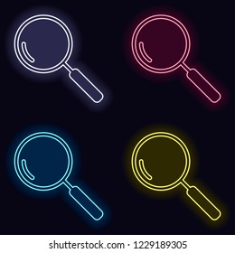 Loupe, search or magnifying. Linear icon, thin outline. Set of neon sign. Casino style on dark background.