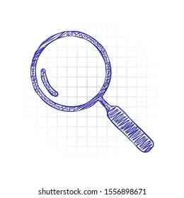 Loupe, search or magnifying. Linear icon, thin outline. Hand drawn sketched picture with scribble fill. Blue ink. Doodle on white background