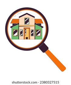 Loupe searching house 2D linear cartoon object. Agency real estate magnifying glass isolated line vector element white background. Rent property. Magnifier home renting color flat spot illustration