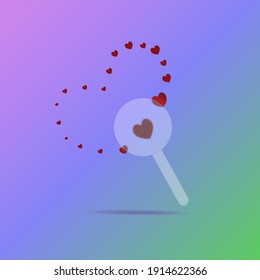 Loupe. Searching for love. Frosted glass. Colored vector illustration. Tool on isolated colorful background. Valentines Day. Transparent magnifier. Glass morphism style. Magnifying glass for observing