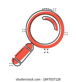 Loupe sign icon in comic style. Magnifier cartoon vector illustration on white isolated background. Search splash effect business concept.