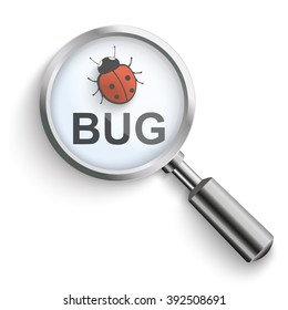 Loupe with text and red bug on the white. Eps 10 vector file.