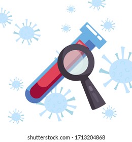 Loupe, tube and coronavirus bacterium design of covid 19 virus 2019 ncov cov infection corona epidemic disease symptoms and medical theme Vector illustration
