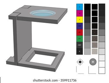 Loupe used in prepress for print production. CMYK color management elements as swatches, screen, separations, patterns and registration marks