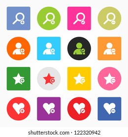 Loupe, user profile, star favorite, heart bookmark icon with plus, delete, check mark and minus sign. 16 popular circle and rounded square internet button. Vector illustration design element 8 eps