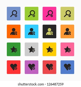 Loupe, user profile, star favorite, heart bookmark icon with plus, delete, check mark and minus sign. Black on color. 16 rounded square web internet button. Vector illustration 8 eps