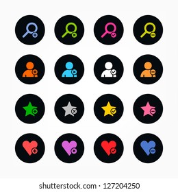 Loupe, user profile, star favorite, heart bookmark icon with plus, delete, check mark and minus sign. Color on black. 16 popular circle shape internet button. Vector illustration 8 eps