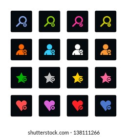 Loupe, user profile, star favorite, heart bookmark icon with plus, delete, check mark and minus sign. Color on black. 16 rounded square web internet button. Vector illustration 8 eps