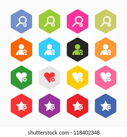 Loupe, user profile, star, heart, plus, delete, check mark, minus sign. Minimal metro style icon set. Simple rounded hexagon internet button. Solid plain color flat tile. Web design elements 8 eps