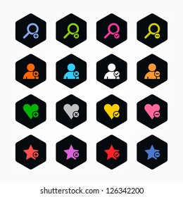 Loupe, user, star, heart, plus, delete, check, minus sign. Color on black. Minimal metro style icon set. Simple rounded hexagon internet button. Solid plain color flat tile. Web design elements 8 eps