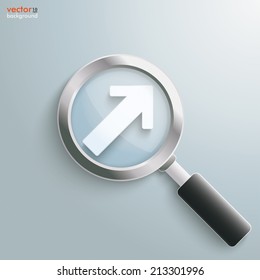 Loupe with white arrow on the grey background. Eps 10 vector file.
