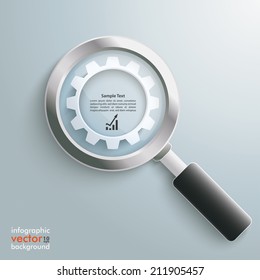 Loupe with white gear on the grey background. Eps 10 vector file.