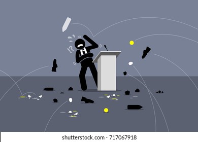 Lousy politician being booed. People throwing objects and things at the speaker on the stage. Vector artwork depicts angry people, protesters, poor stage performance, and bad politician. 