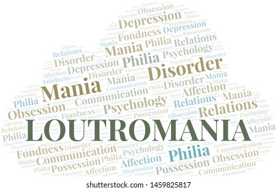 Loutromania word cloud. Type of mania, made with text only.