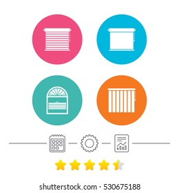 Louvers icons. Plisse, rolls, vertical and horizontal. Window blinds or jalousie symbols. Calendar, cogwheel and report linear icons. Star vote ranking. Vector