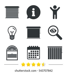 Louvers icons. Plisse, rolls, vertical and horizontal. Window blinds or jalousie symbols. Information, light bulb and calendar icons. Investigate magnifier. Vector