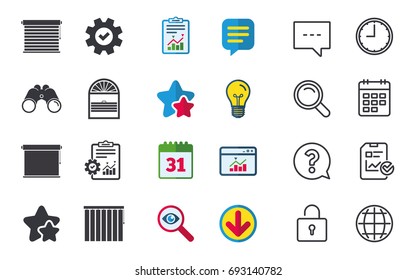 Louvers icons. Plisse, rolls, vertical and horizontal. Window blinds or jalousie symbols. Chat, Report and Calendar signs. Stars, Statistics and Download icons. Question, Clock and Globe. Vector