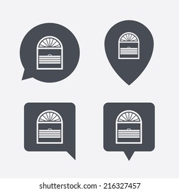Louvers plisse sign icon. Window blinds or jalousie symbol. Map pointers information buttons. Speech bubbles with icons. Vector