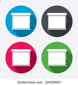 Louvers rolls sign icon. Window blinds or jalousie symbol. Circle buttons with long shadow. 4 icons set. Vector