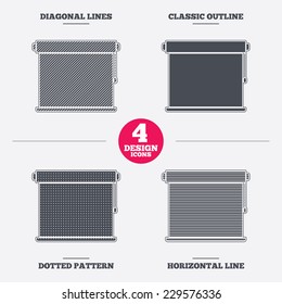 Louvers rolls sign icon. Window blinds or jalousie symbol. Diagonal and horizontal lines, classic outline, dotted texture. Pattern design icons.  Vector