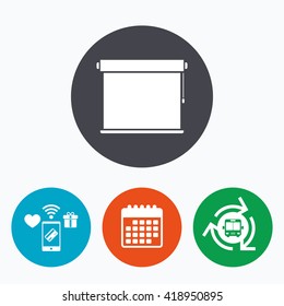 Louvers rolls sign icon. Window blinds or jalousie symbol. Mobile payments, calendar and wifi icons. Bus shuttle.