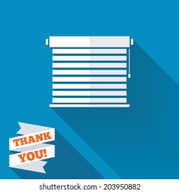Louvers sign icon. Window blinds or jalousie symbol. White flat icon with long shadow. Paper ribbon label with Thank you text. Vector