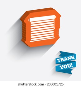 Louvers sign icon. Window blinds or jalousie symbol. White icon on orange 3D piece of wall. Carved in stone with long flat shadow. Vector